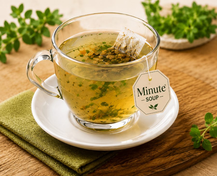 Glass cup of Minute Soups brewed like tea