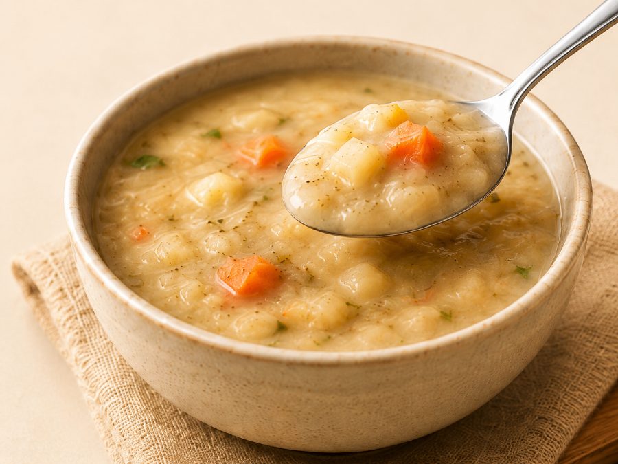 Bowl of thick starchy soup with a spoon
