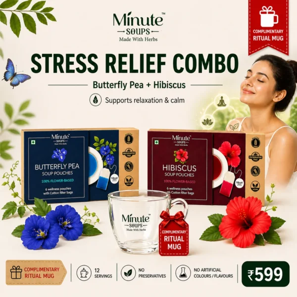 Minute Soups Butterfly Pea & Hibiscus Combo | Stress Relief Herbal Dip Soup | 12 Packets | Supports Relaxation & Calm | No Preservatives