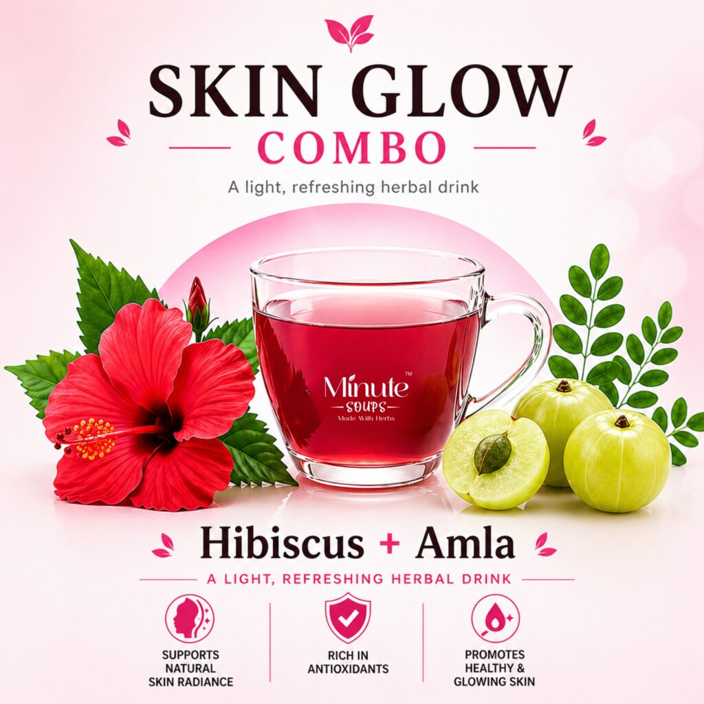 Minute Soups Hibiscus & Amla Combo | Skin Glow Herbal Dip Soup | 12 Packets | Supports Natural Radiance & Antioxidant Care | No Preservatives