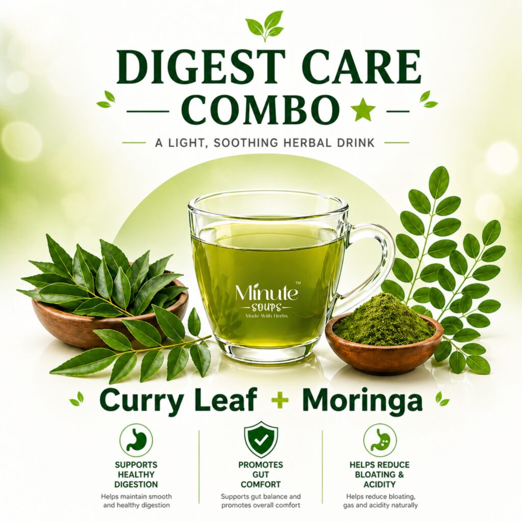 Minute Soups Curry Leaves & Moringa Combo | Digest Care Herbal Dip Soup | 12 Packets | Supports Digestion & Gut Health | No Preservatives