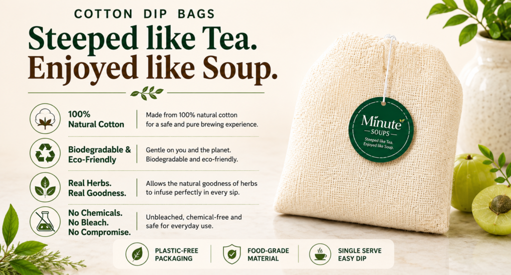 100% food-grade cotton dip bag used to brew herbal soup with real herbs and spices in hot water by MinuteSoups.