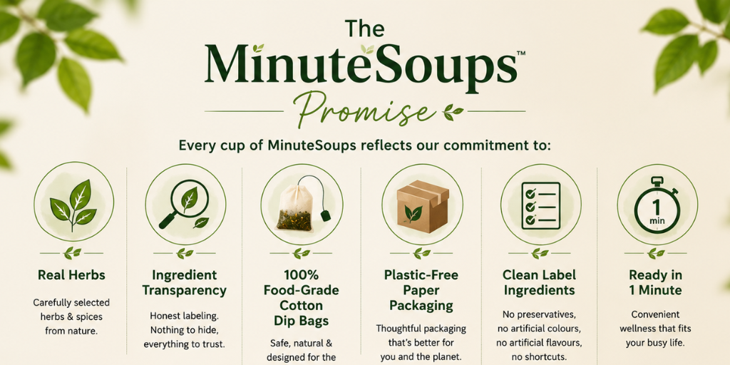 Ingredient transparency and eco-friendly packaging featuring real herbs, 100% food-grade cotton dip bags, and plastic-free paper packaging by MinuteSoups.